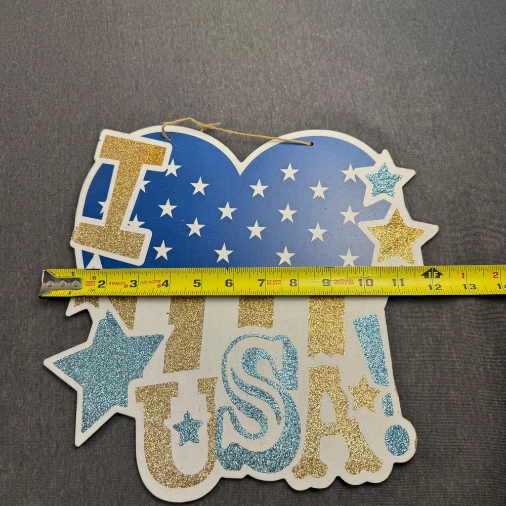 Patriotic 4th of July Decor Set I Heart USA Glitter Sign & Metallic Pom Pom